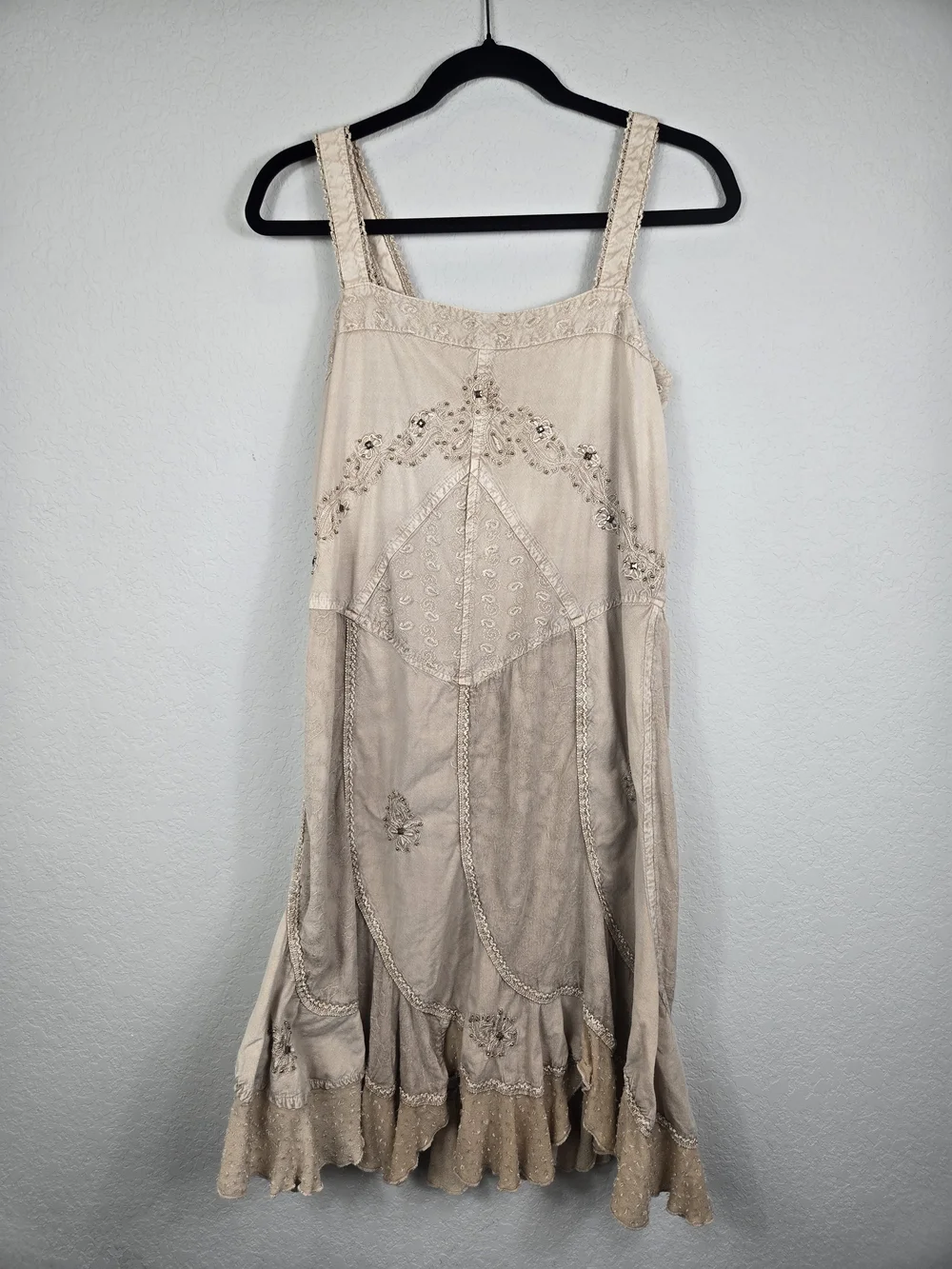 Coline XL Boho Goddess Embroidered Midi Dress Stonewashed Festival Chic Earthy